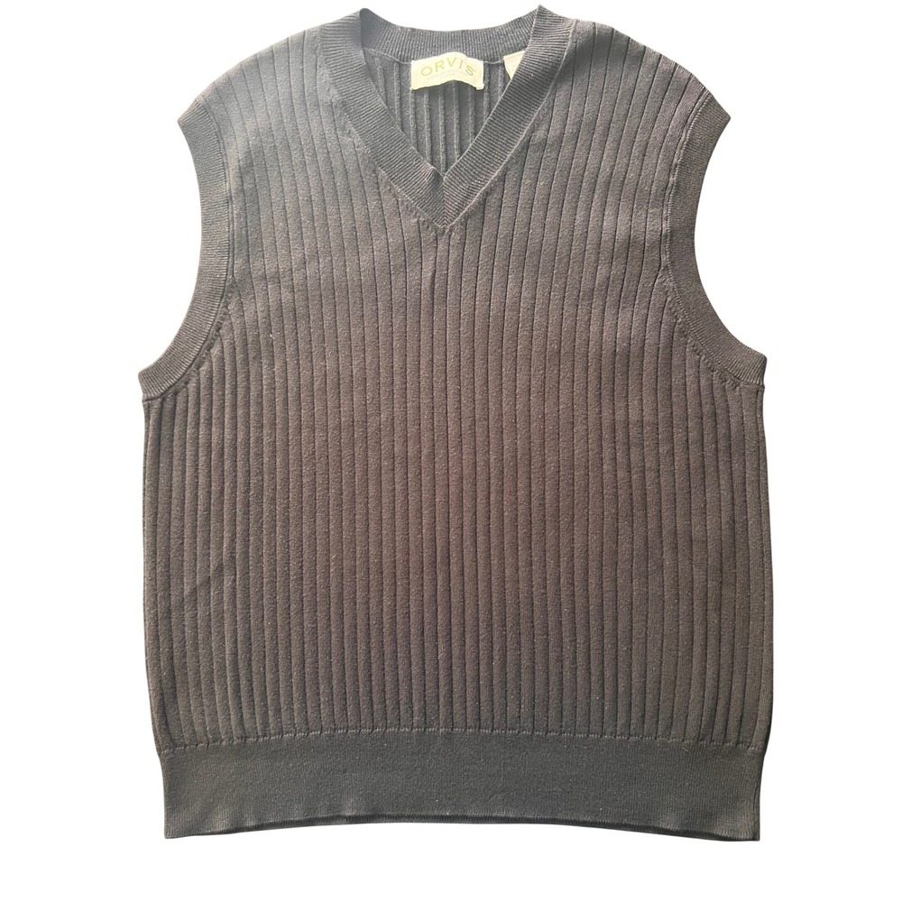 Orvis Mens V-Neck Sweater Vest Black Cotton Silk Cashmere Ribbed Large L